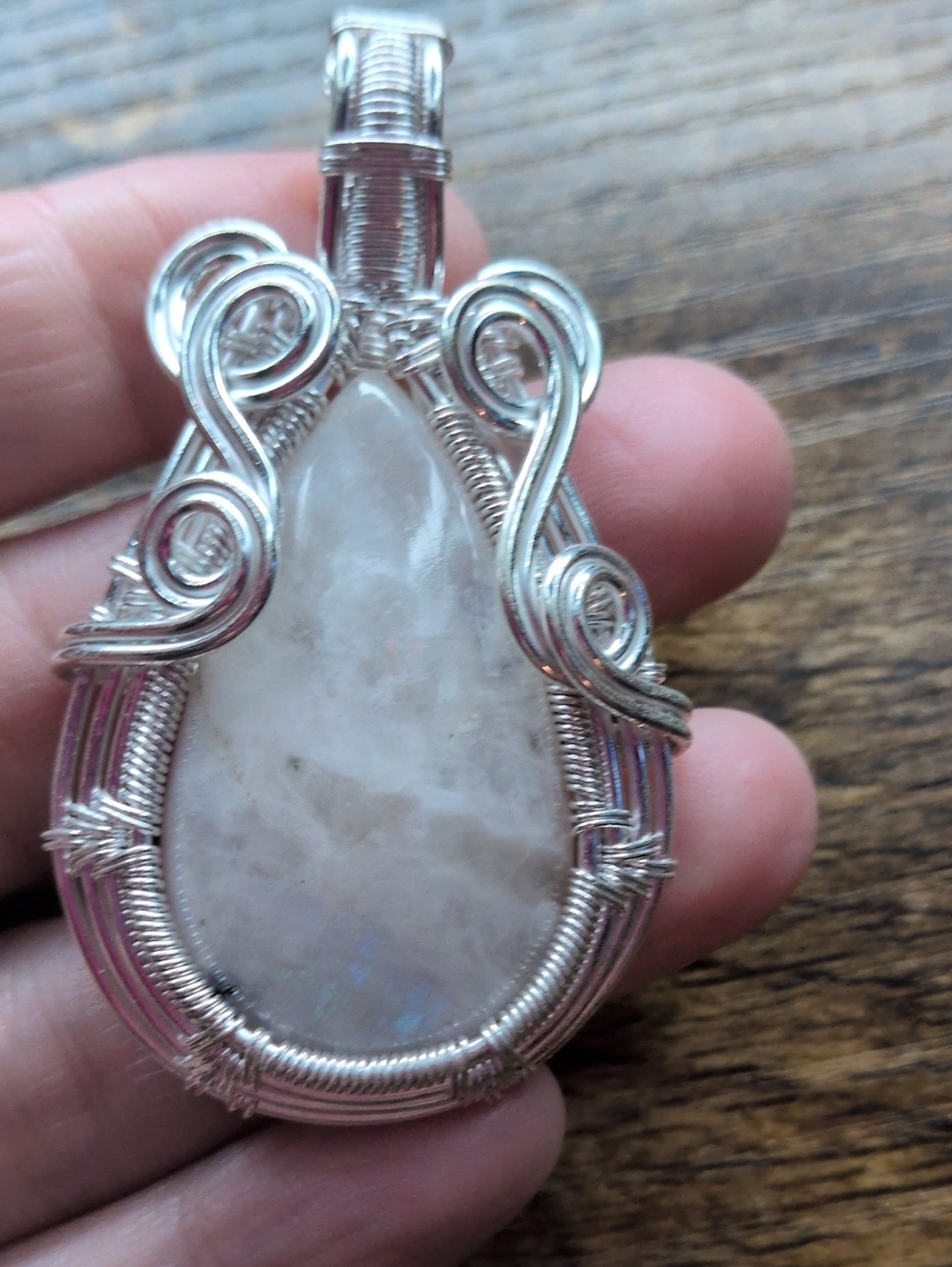 Silver Wire-Wrapped White Moonstone Teardrop Pendant